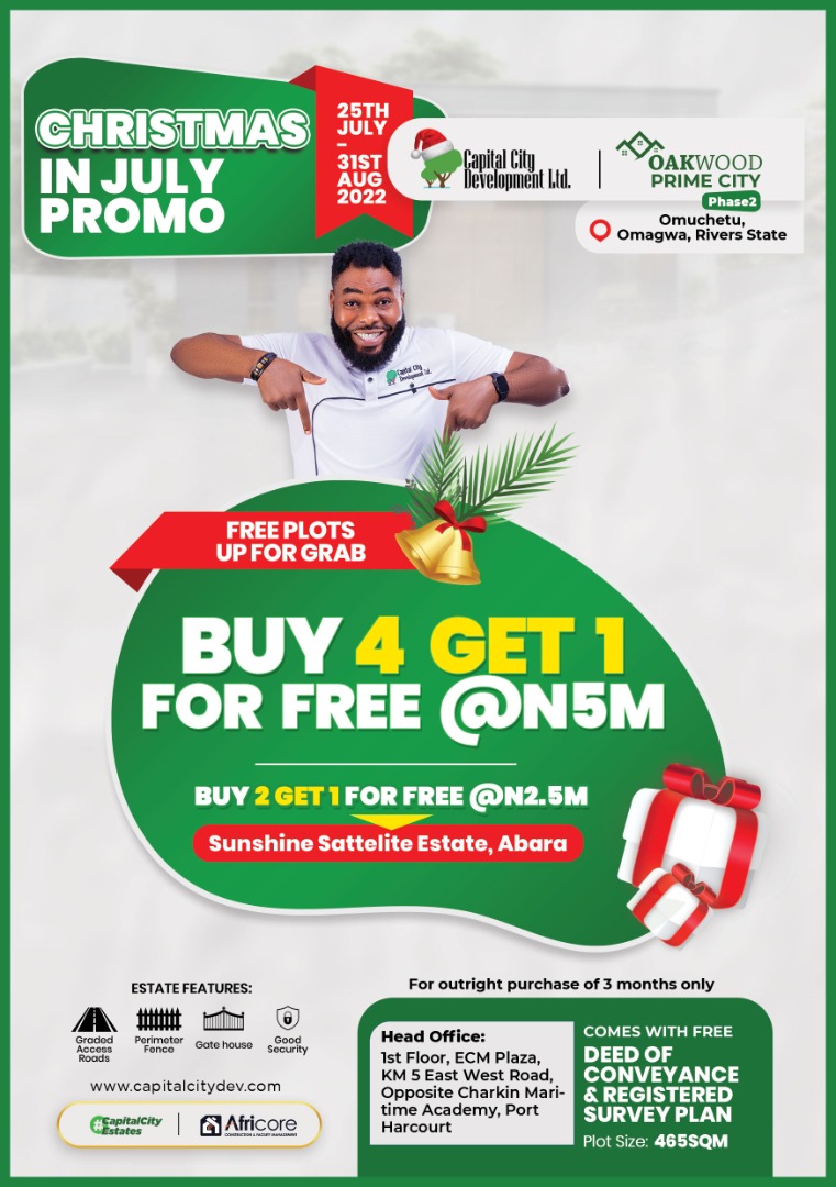 BUY 4PLOTS & GET 1PLOT FREE // BUY 2PLOTS & GET 1-PLOT FREE @ SUNSHINE SATELLITE === OAKWOOD PRIME ESTATE (PHASE2) PROMO-- CLASSIC AREAS, RIVERS.